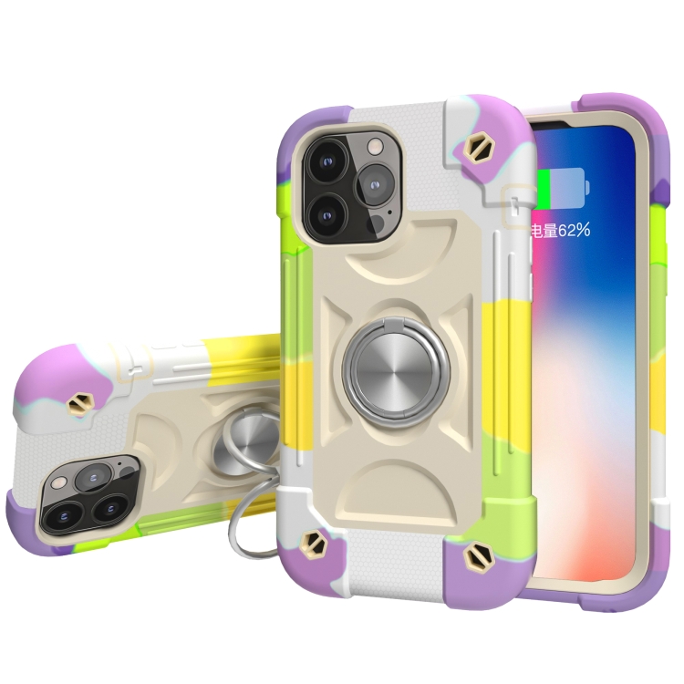 

Shockproof Silicone + PC Protective Case with Dual-Ring Holder For iPhone 13 mini(Colorful Beige)