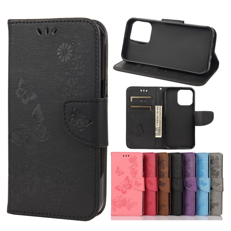 

Vintage Embossed Floral Butterfly Pattern Horizontal Flip Leather Case with Card Slot & Holder & Wallet & Lanyard For iPhone 13 mini(Black)