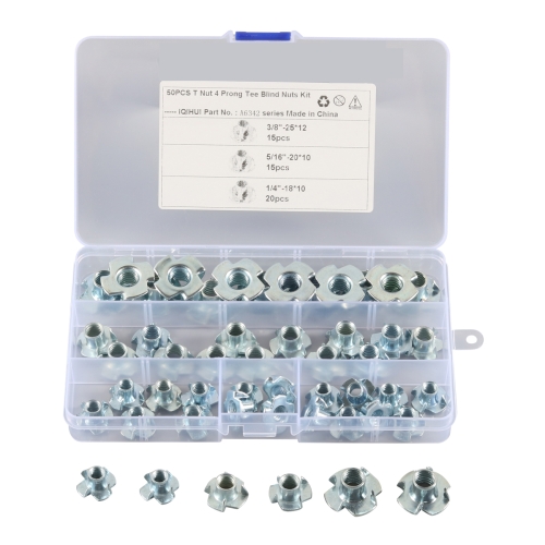 

A6342 50 PCS T-Nut 4 Pronged Tee Blind Nuts Assortment Kit