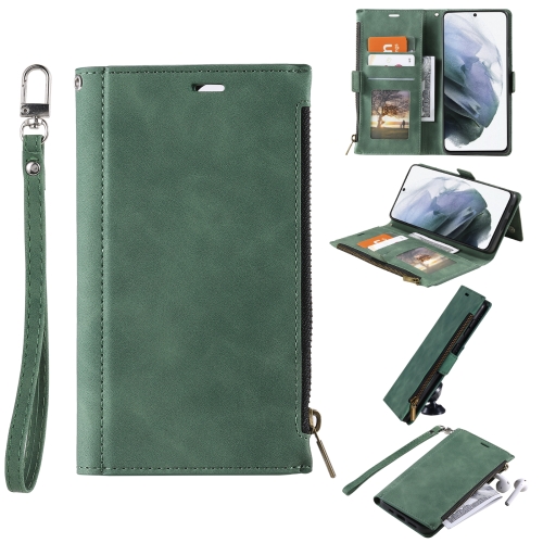 

For Samsung Galaxy Note20 Ultra Side Zipper Back Card Horizontal Flip PU Leather Case with Card Slots & Wallet & Photo Frame & Lanyard(Green)