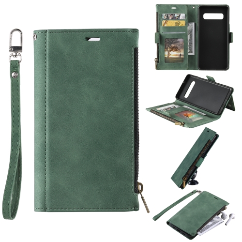 

For Samsung Galaxy S10 Side Zipper Back Card Horizontal Flip PU Leather Case with Card Slots & Wallet & Photo Frame & Lanyard(Green)