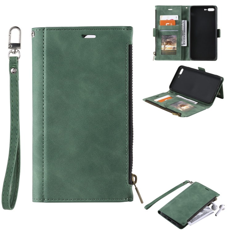 

Side Zipper Back Card Horizontal Flip PU Leather Case with Card Slots & Wallet & Photo Frame & Lanyard For iPhone 8 Plus / 7 Plus(Green)