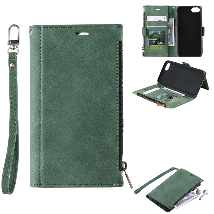 

Side Zipper Back Card Horizontal Flip PU Leather Case with Card Slots & Wallet & Photo Frame & Lanyard For iPhone SE 2020 / 8 / 7(Green)
