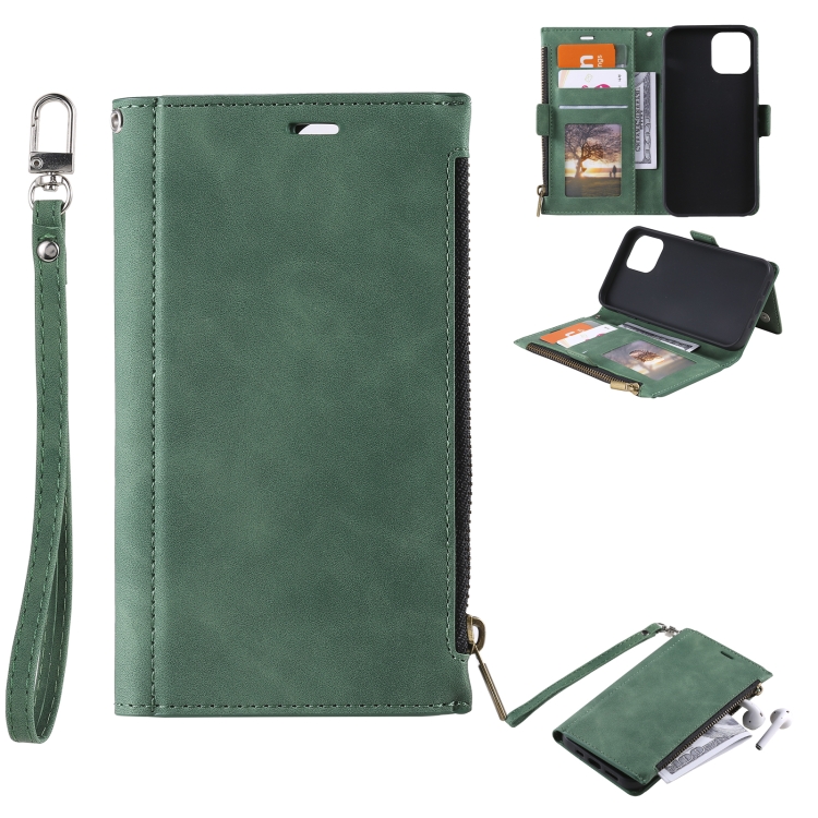 

Side Zipper Back Card Horizontal Flip PU Leather Case with Card Slots & Wallet & Photo Frame & Lanyard For iPhone 12 Pro Max(Green)