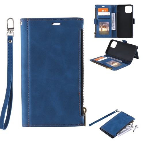 

Side Zipper Back Card Horizontal Flip PU Leather Case with Card Slots & Wallet & Photo Frame & Lanyard For iPhone 11 Pro Max(Blue)