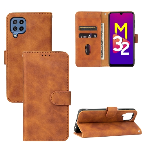 

For Samsung Galaxy M32 (Global) Solid Color Skin Feel Magnetic Buckle Horizontal Flip Calf Texture PU Leather Case with Holder & Card Slots & Wallet(Brown)