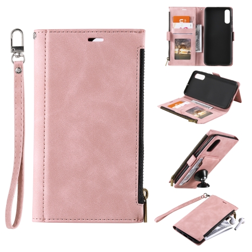 

For Samsung Galaxy A70 Side Zipper Back Card Horizontal Flip PU Leather Case with Card Slots & Wallet & Photo Frame & Lanyard(Pink)