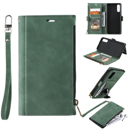 

For Samsung Galaxy A70 Side Zipper Back Card Horizontal Flip PU Leather Case with Card Slots & Wallet & Photo Frame & Lanyard(Green)