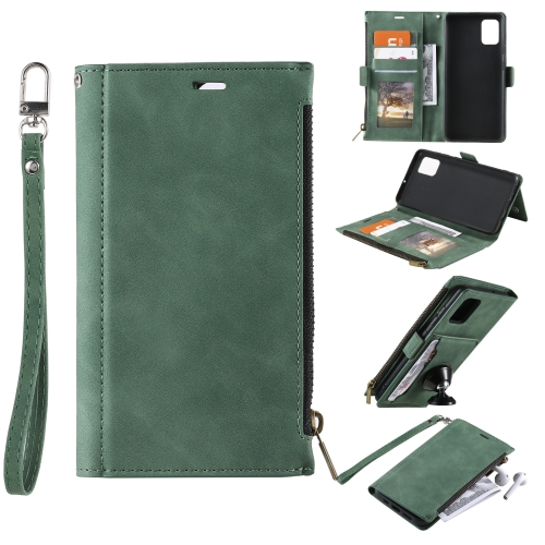 

For Samsung Galaxy A71 5G Side Zipper Back Card Horizontal Flip PU Leather Case with Card Slots & Wallet & Photo Frame & Lanyard(Green)