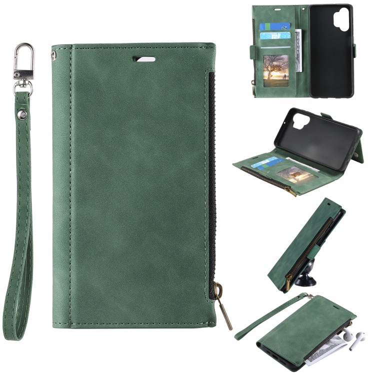 

For Samsung Galaxy A32 5G Side Zipper Back Card Horizontal Flip PU Leather Case with Card Slots & Wallet & Photo Frame & Lanyard(Green)