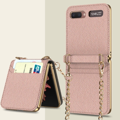 For Samsung Galaxy Z Flip GKK Cross Texture Card Phone Folding Beauty Bag Leather Case(Rose Gold)