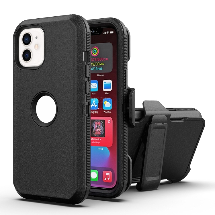 

Robot Shockproof Silicone + PC Protective Case with Back Clip Holder For iPhone 12 / 12 Pro(Black Black)