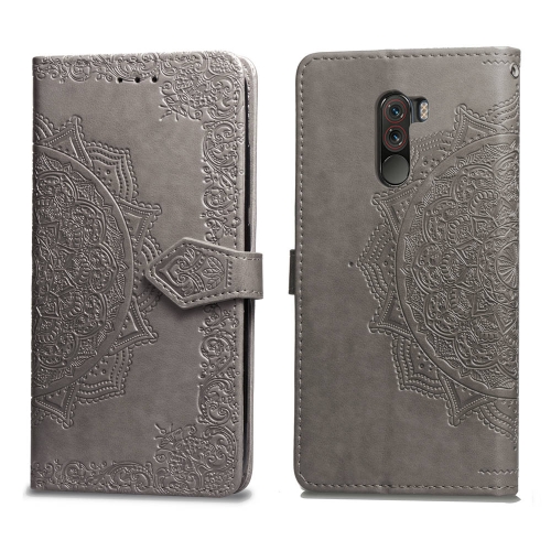 

For Xiaomi Pocophone F1 Halfway Mandala Embossing Pattern Horizontal Flip Leather Case with Holder & Card Slots & Wallet & Lanyard(Grey)