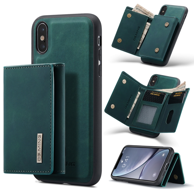 

DG.MING M1 Series 3-Fold Multi Card Wallet + Magnetic Back Cover Shockproof Case with Holder Function For iPhone X(Green)