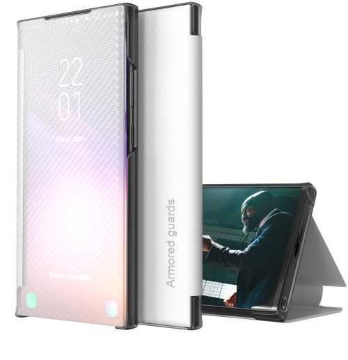 

For Xiaomi Redmi Note 9 Carbon Fiber Texture View Time Horizontal Flip Leather Case with Holder & Touch Call Display ID(White)