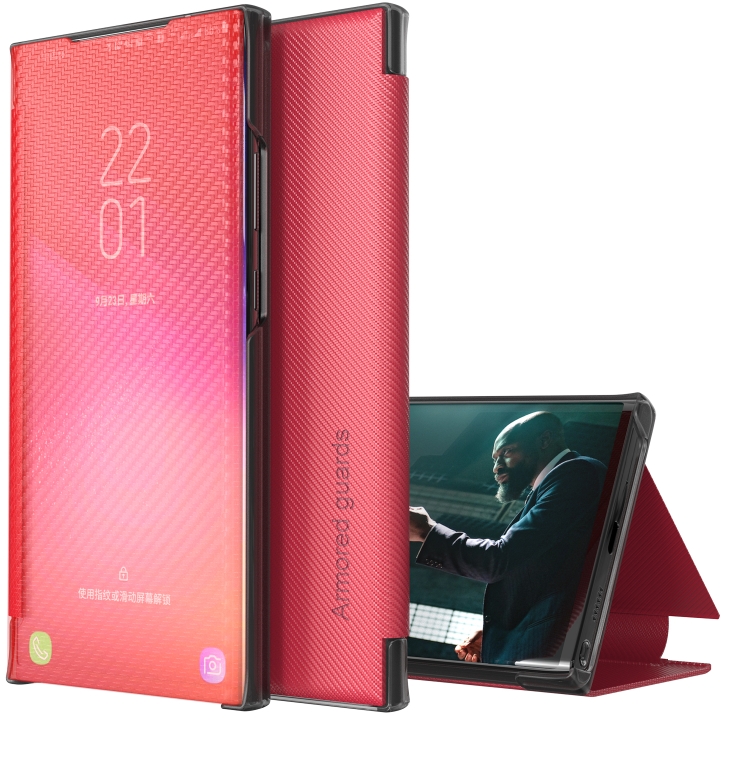 

For Samsung Galaxy A50 Carbon Fiber Texture View Time Horizontal Flip Leather Case with Holder & Touch Call Display ID(Red)