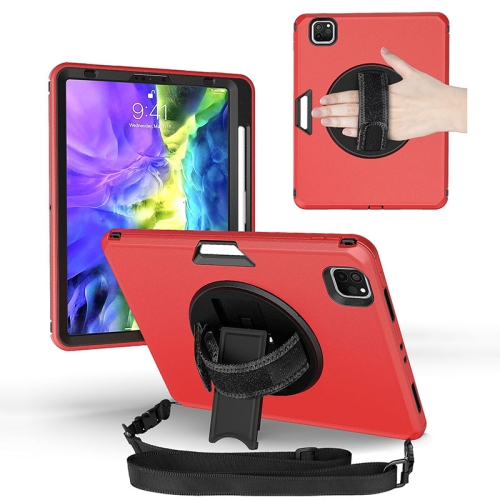 

360 Degree Rotation Turntable Robot Shockproof TPU + PC Protective Case with Holder & Hand Grip Strap & Shoulder Strap For iPad Pro 11 2020(Red Black)