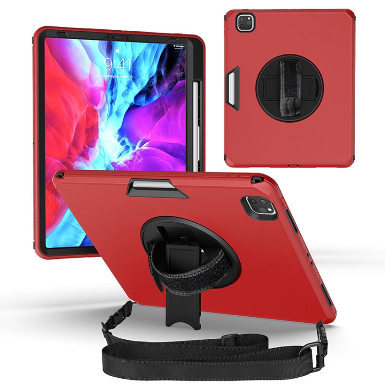 

360 Degree Rotation Turntable Robot Shockproof TPU + PC Protective Case with Holder & Hand Grip Strap & Shoulder Strap For iPad Pro 12.9 2020(Red Black)