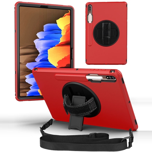 

360 Degree Rotation Turntable Robot Shockproof TPU + PC Protective Case with Holder & Hand Grip Strap & Shoulder Strap For Samsung Galaxy Tab S7+(Red Black)