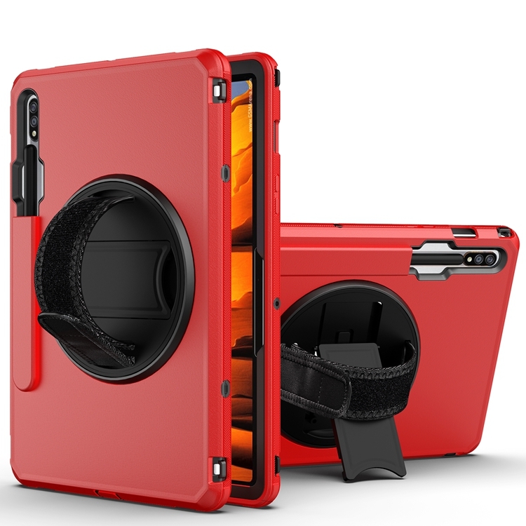 

360 Degree Rotation Turntable Robot Shockproof TPU + PC Protective Case with Holder & Hand Grip Strap & Shoulder Strap For Samsung Galaxy Tab S7(Red Black)