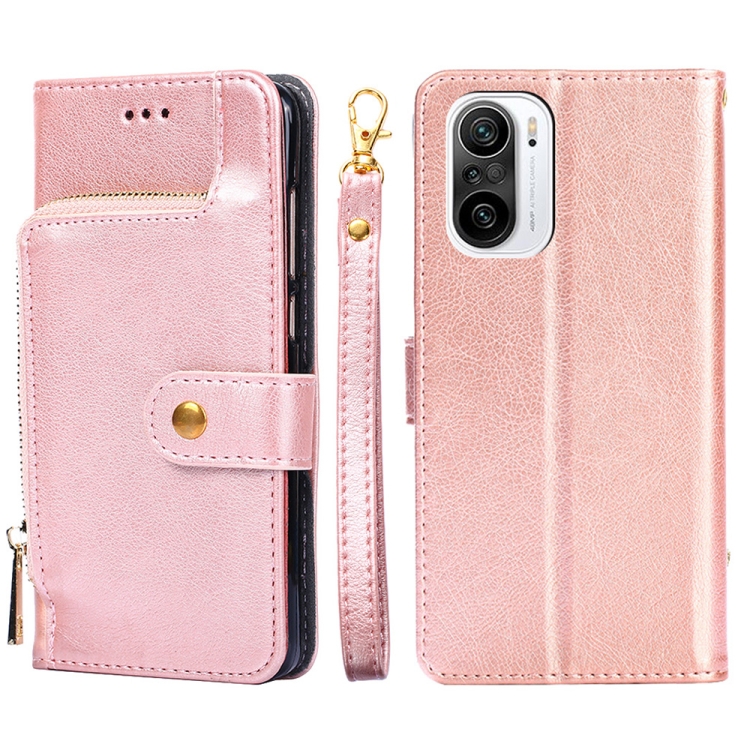 

Zipper Bag PU + TPU Horizontal Flip Leather Case with Holder & Card Slot & Wallet & Lanyard For Xiaomi Redmi K40 / K40 Pro(Rose Gold)
