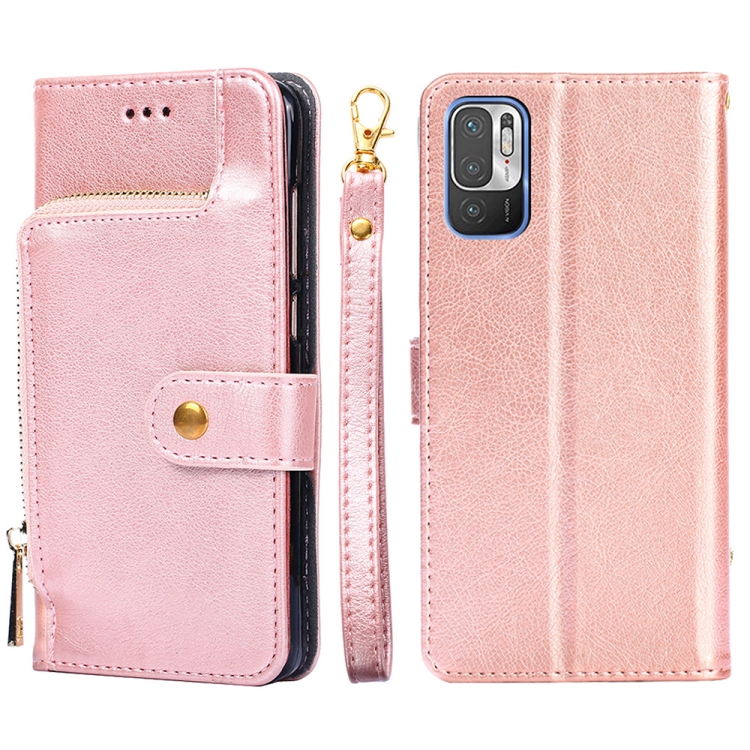 

Zipper Bag PU + TPU Horizontal Flip Leather Case with Holder & Card Slot & Wallet & Lanyard For Xiaomi Redmi Note 10 5G(Rose Gold)