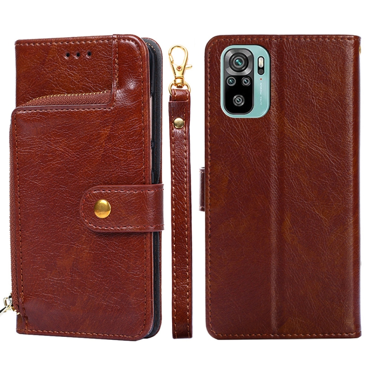 

Zipper Bag PU + TPU Horizontal Flip Leather Case with Holder & Card Slot & Wallet & Lanyard For Xiaomi Redmi Note 10 4G / Note 10S(Brown)