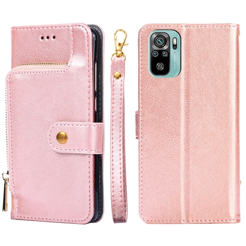 

Zipper Bag PU + TPU Horizontal Flip Leather Case with Holder & Card Slot & Wallet & Lanyard For Xiaomi Redmi Note 10 4G / Note 10S(Rose Gold)