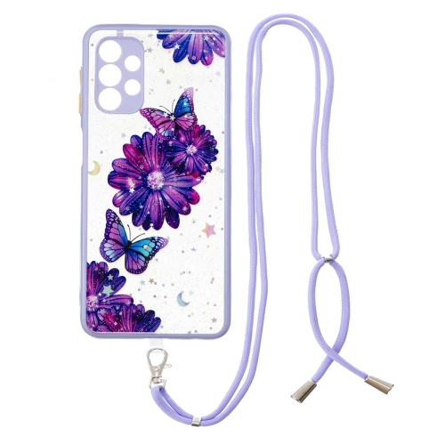 

For Samsung Galaxy A32 5G Colored Drawing Starry Sky Epoxy TPU Shockproof Case with Neck Lanyard(Purple Flower Butterfly)