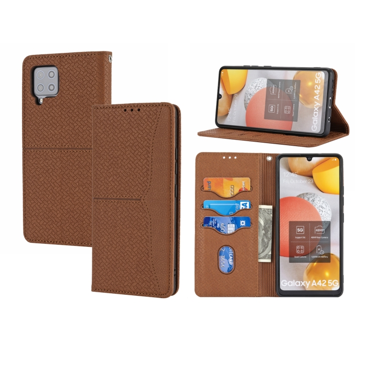 

For Samsung Galaxy A22 5G Woven Texture Stitching Magnetic Horizontal Flip PU Leather Case with Holder & Card Slots & Wallet & Lanyard(Brown)
