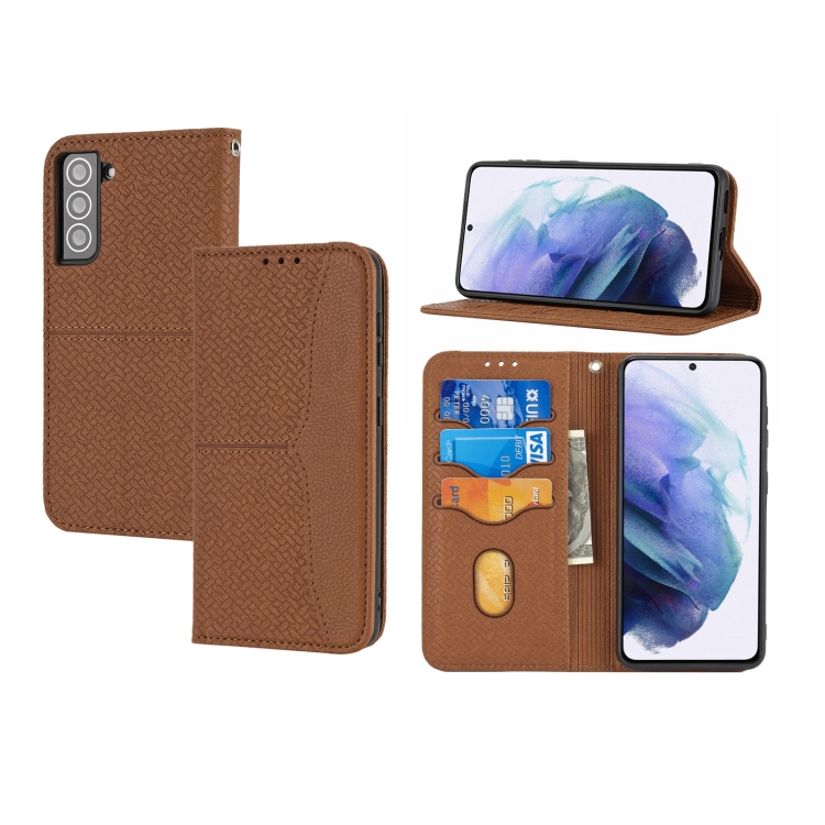 

For Samsung Galaxy S21 FE Woven Texture Stitching Magnetic Horizontal Flip PU Leather Case with Holder & Card Slots & Wallet & Lanyard(Brown)