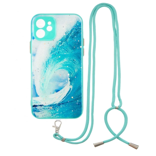

Colored Drawing Starry Sky Epoxy TPU Shockproof Case with Neck Lanyard For iPhone 12(Waves)