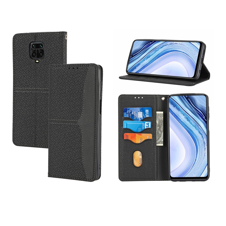 

For Xiaomi Redmi Note 9 Pro Max Woven Texture Stitching Magnetic Horizontal Flip PU Leather Case with Holder & Card Slots & Wallet & Lanyard(Black)