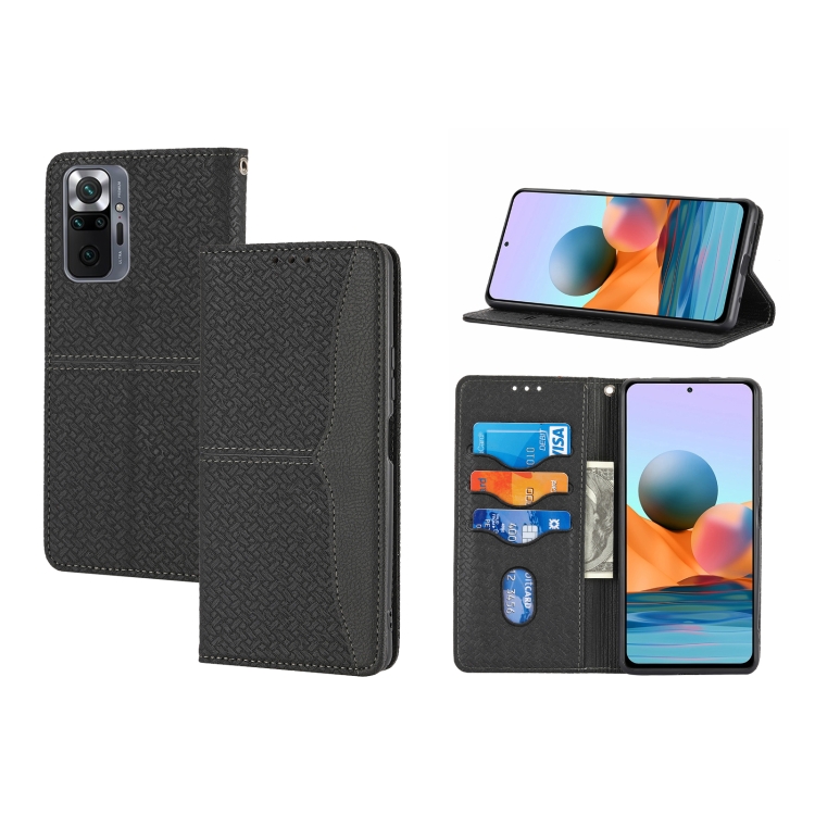 

For Xiaomi Redmi Note 10 Pro 5G Woven Texture Stitching Magnetic Horizontal Flip PU Leather Case with Holder & Card Slots & Wallet & Lanyard(Black)