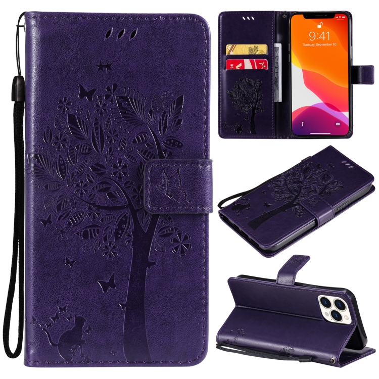

Tree & Cat Pattern Pressed Printing Horizontal Flip PU Leather Case with Holder & Card Slots & Wallet & Lanyard For iPhone 13 Pro Max(Purple)