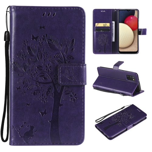 

Tree & Cat Pattern Pressed Printing Horizontal Flip PU Leather Case with Holder & Card Slots & Wallet & Lanyard For Samsung Galaxy A03s(Purple)