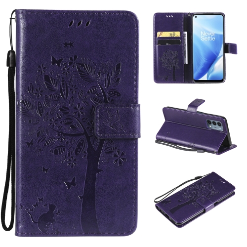 

Tree & Cat Pattern Pressed Printing Horizontal Flip PU Leather Case with Holder & Card Slots & Wallet & Lanyard For OnePlus N200 5G(Purple)