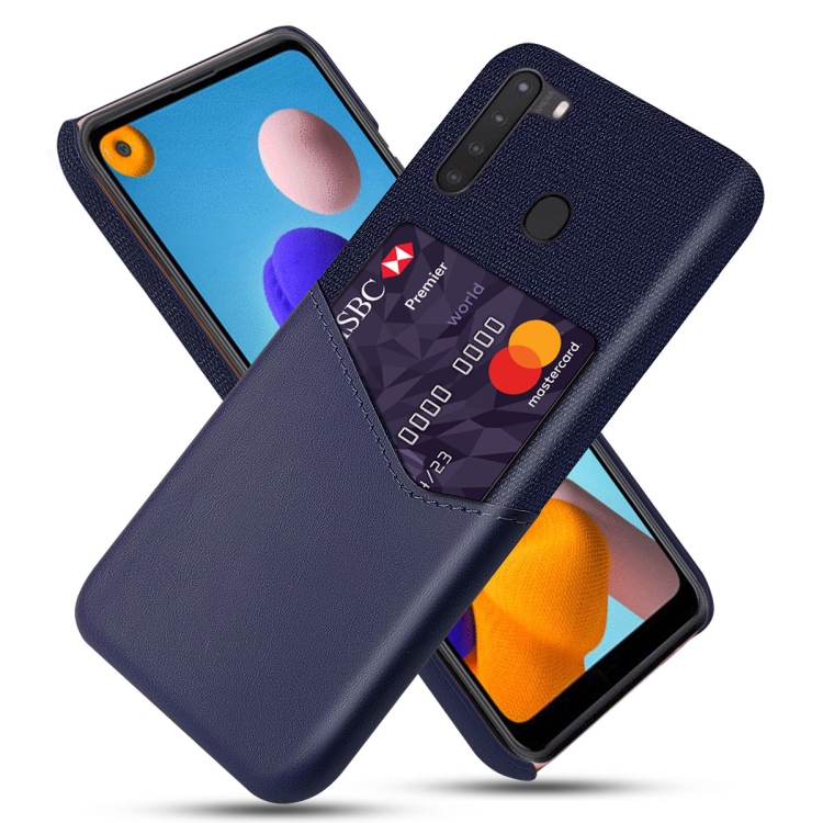 

For Samsung Galaxy A21 Cloth Texture PC + PU Leather Back Cover Shockproof Case with Card Slot(Blue)
