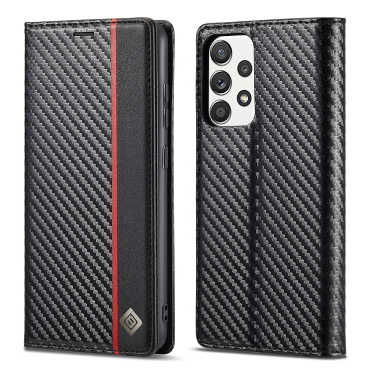 

LC.IMEEKE Carbon Fiber PU + TPU Horizontal Flip Leather Case with Holder & Card Slot & Wallet For Samsung Galaxy A72 5G / 4G(Vertical Black)