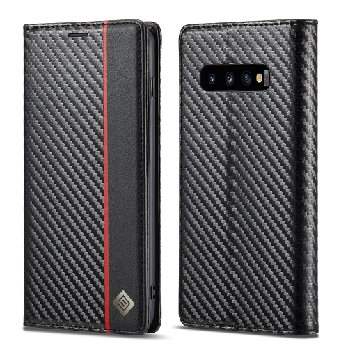 

LC.IMEEKE Carbon Fiber PU + TPU Horizontal Flip Leather Case with Holder & Card Slot & Wallet For Samsung Galaxy S10(Vertical Black)