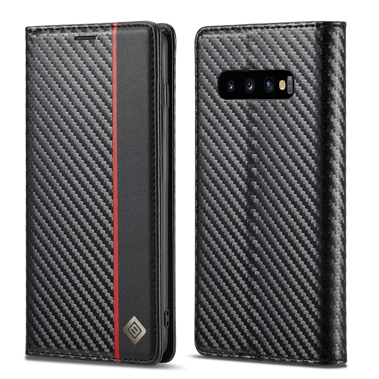 

LC.IMEEKE Carbon Fiber PU + TPU Horizontal Flip Leather Case with Holder & Card Slot & Wallet For Samsung Galaxy S10+(Vertical Black)
