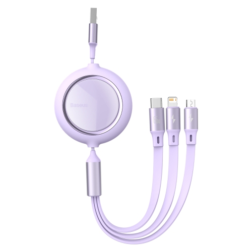 

Baseus CAMLC-MJ05 66W USB to 8 Pin + Micro USB + USB-C / Type-C Bright Mirror One-for-three Retractable Data Cable, Cable Length: 1.2m(Purple)