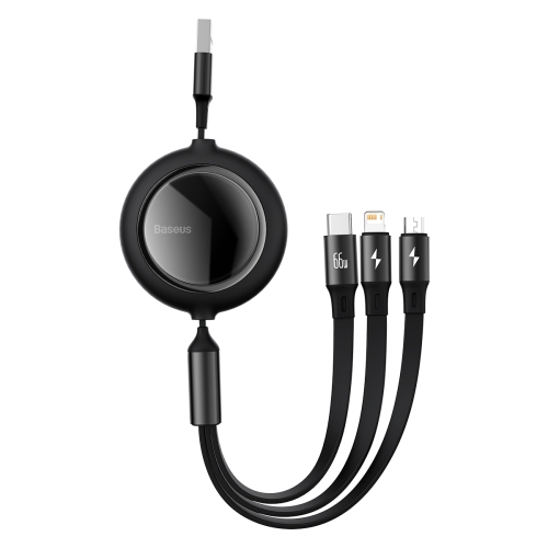 

Baseus CAMLC-MJ05 66W USB to 8 Pin + Micro USB + USB-C / Type-C Bright Mirror One-for-three Retractable Data Cable, Cable Length: 1.2m(Black)