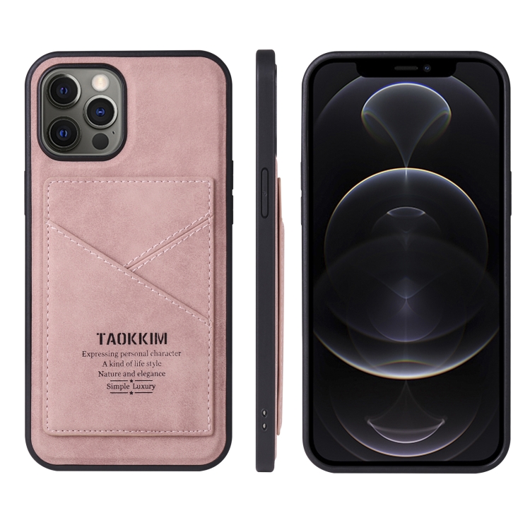 TAOKKIM Retro Matte PU Leather + PC + TPU Shockproof Back Cover Case with Holder & Card Slot For iPhone 13 Pro(Pink)
