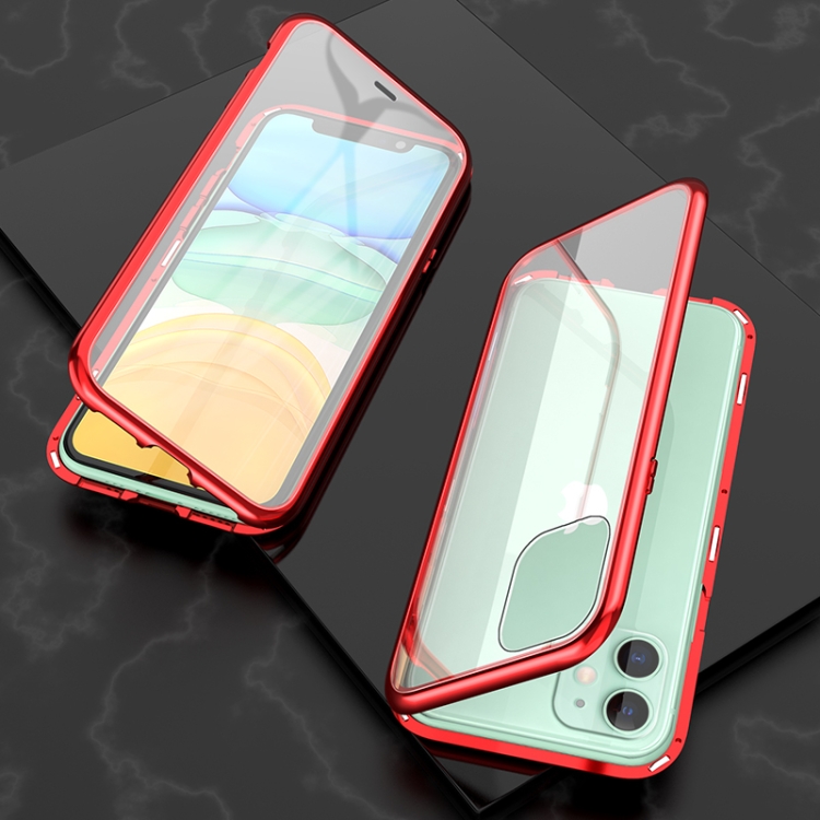 

For iPhone 11 Ultra Slim Double Sides Magnetic Adsorption Angular Frame Tempered Glass Magnet Flip Case(Red)