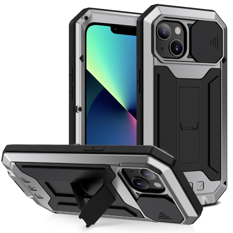 

R-JUST Sliding Camera Shockproof Waterproof Dust-proof Metal + Silicone Protective Case with Holder For iPhone 13 mini(Silver)