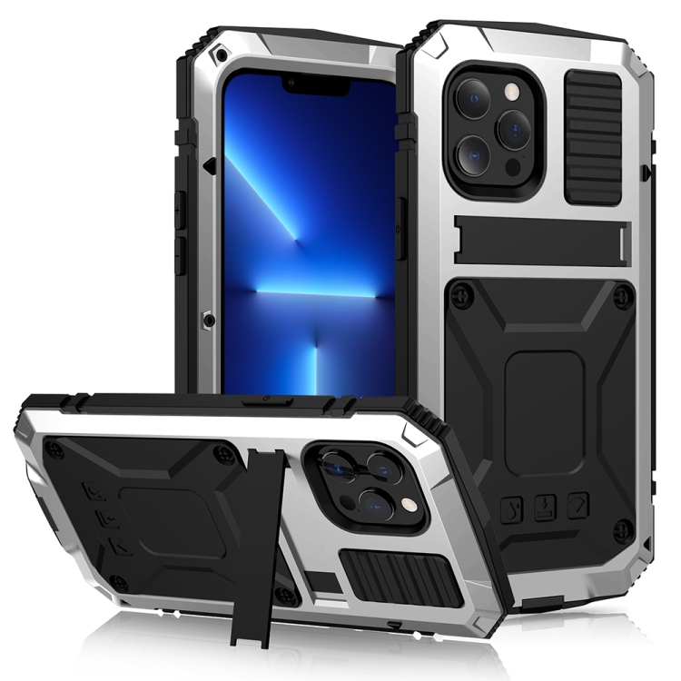 

R-JUST Shockproof Waterproof Dust-proof Metal + Silicone Protective Case with Holder For iPhone 13 Pro(Silver)