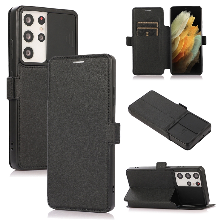 

Push Window Double Buckle PU + Silicone Horizontal Flip Leather Case with Holder & Card Slot For Samsung Galaxy S21 Ultra 5G(Black)