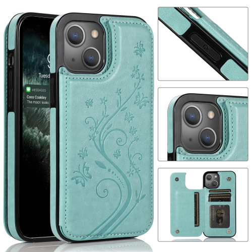 

Butterflies Flowers Double Buckle PU + TPU Protective Case with Holder & Card Slots & Photo Frame For iPhone 13 Pro Max(Green)