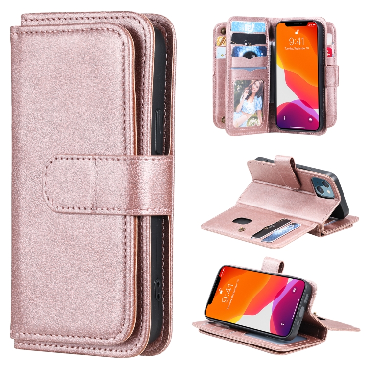 

Multifunctional Magnetic Copper Buckle Horizontal Flip Solid Color Leather Case with 10 Card Slots & Wallet & Holder & Photo Frame For iPhone 13 mini(Rose Gold)